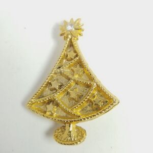 Vintage Christmas Tree Brooch, Gold Tone Star Detail Ornaments, Retro Holiday